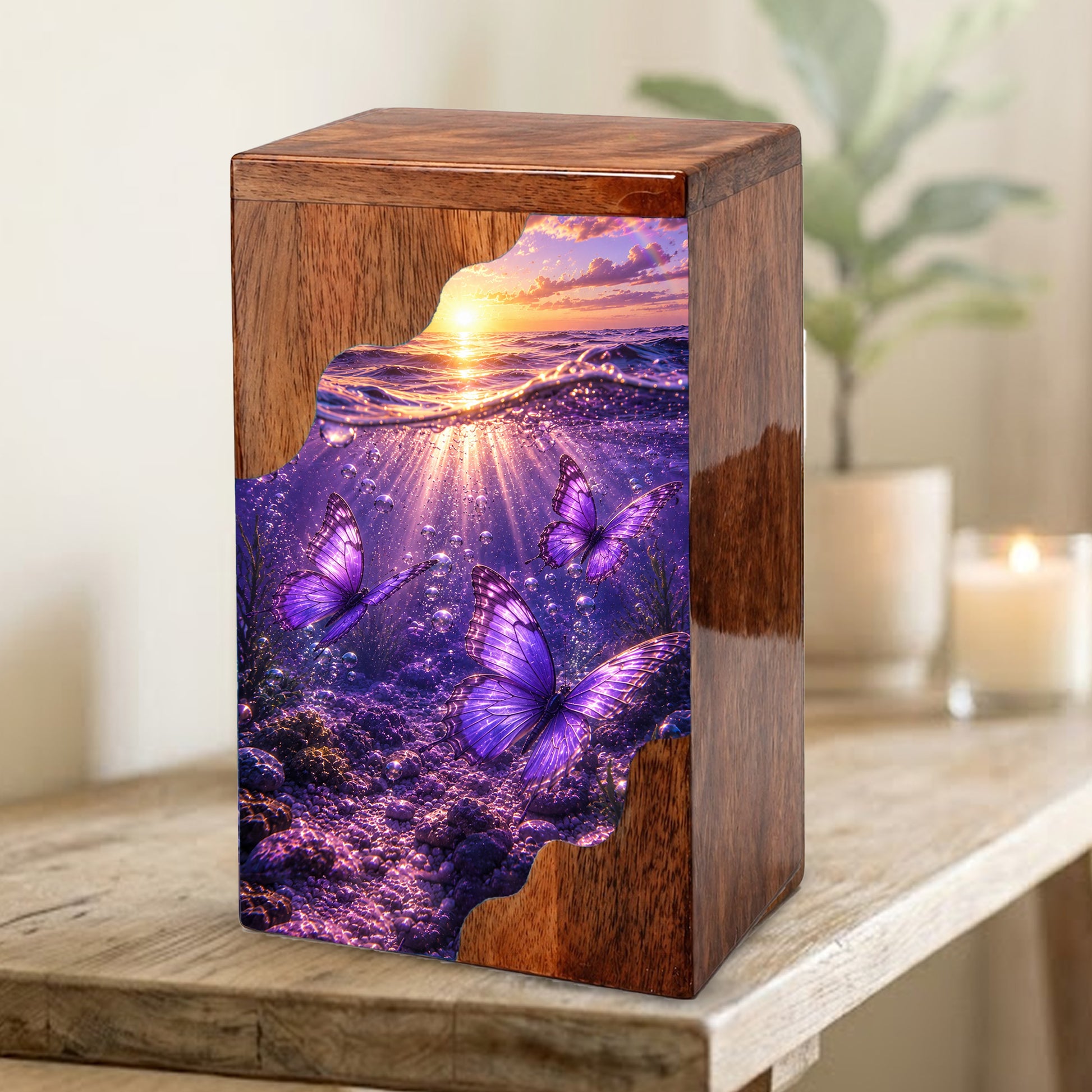 Purple Butterfly Wooden Cremation Urn – Wooden Urn for Human Ashes