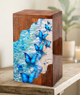 Blue Butterfly Beach Wooden Cremation Urn – Personalized Memorial Urn for Human Ashes