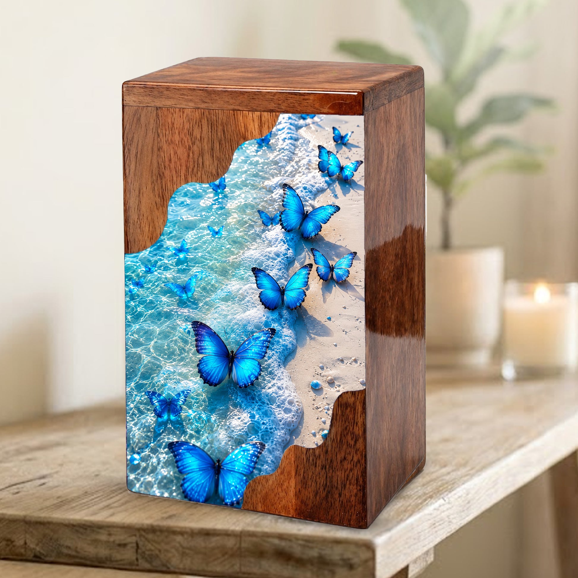 Blue Butterfly Beach Wooden Cremation Urn – Personalized Memorial Urn for Human Ashes