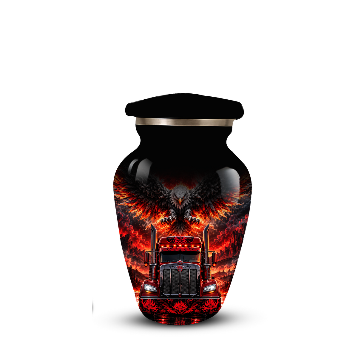Personalized Adult Cremation Urn for Ashes, Custom Red Semi Truck and Fiery Eagle Memorial Urn, Truck Driver Urn