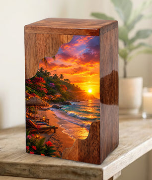 Tropical Beach Wooden Cremation Urn – Wooden Urn for Human Ashes |