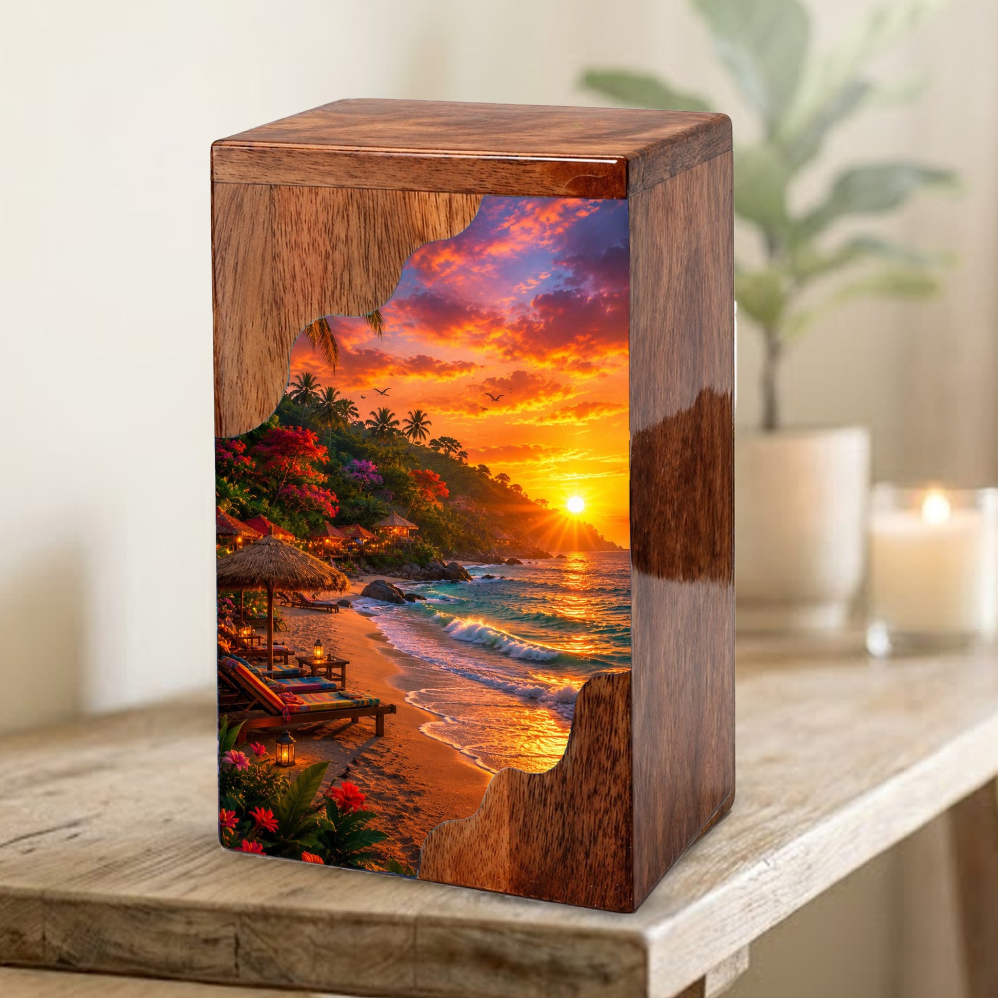 Tropical Beach Wooden Cremation Urn – Wooden Urn for Human Ashes |