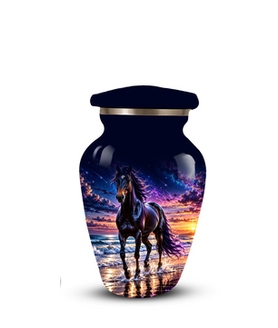 Personalized Adult Cremation Urn for Ashes, Custom Horse Memorial Urn, Black Horse with Purple Mane and Galaxy Sunset Design