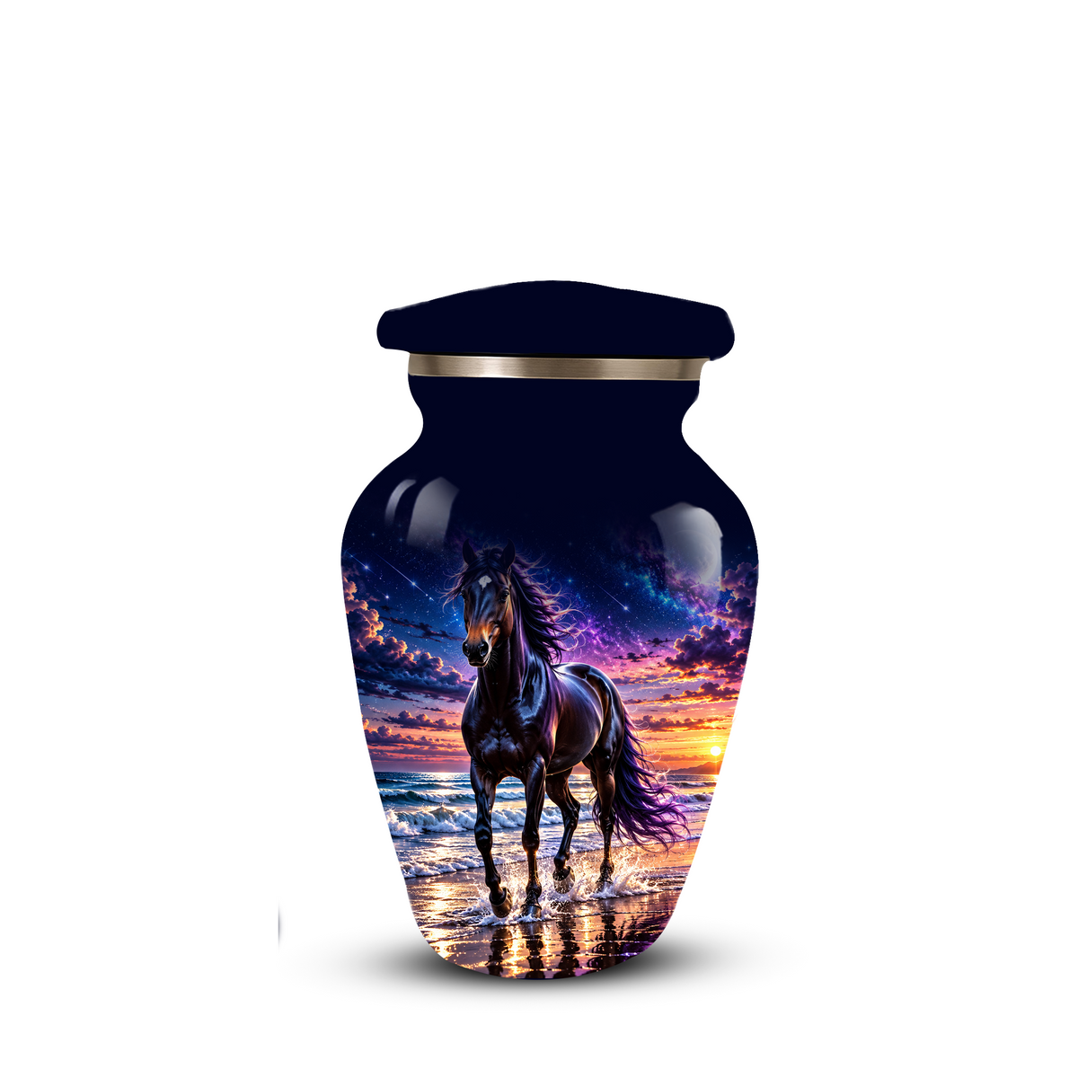 Personalized Adult Cremation Urn for Ashes, Custom Horse Memorial Urn, Black Horse with Purple Mane and Galaxy Sunset Design