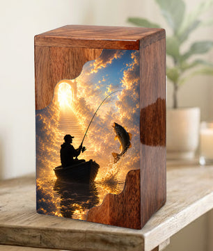 Heavenly Fishing Wooden Cremation Urn – Personalized Memorial Urn for Human Ashes