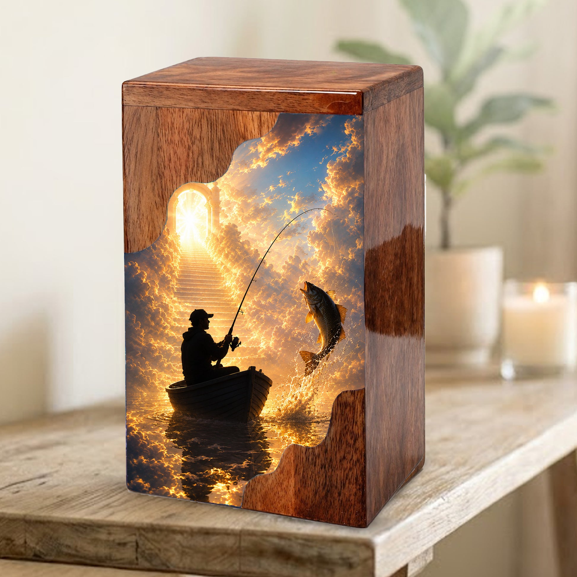 Heavenly Fishing Wooden Cremation Urn – Personalized Memorial Urn for Human Ashes
