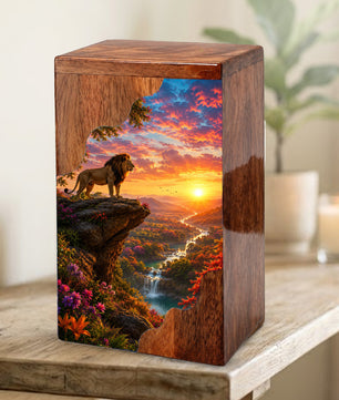 Lion Wooden Cremation Urn – Sunset Memorial Urn for Human Ashes |