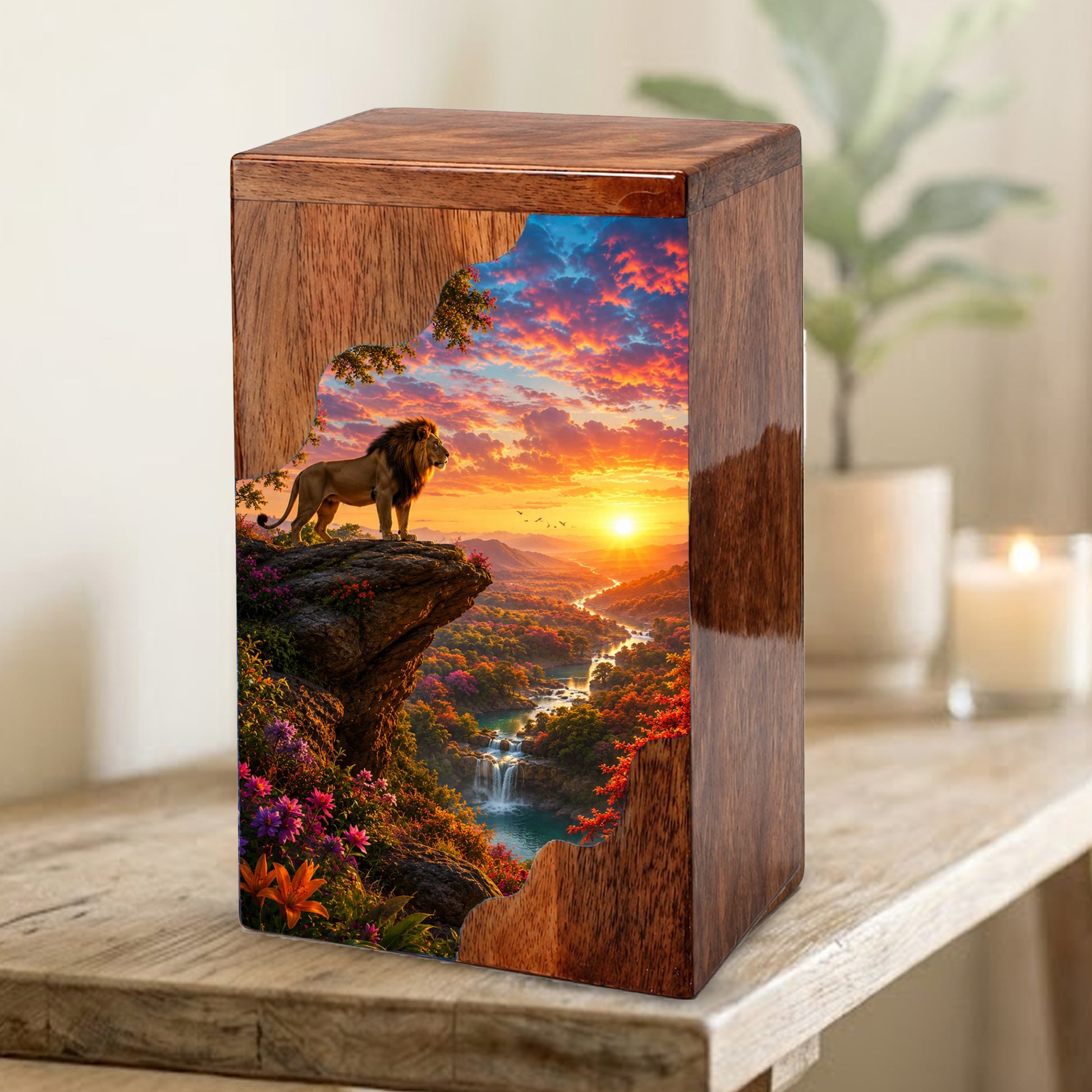 Lion Wooden Cremation Urn – Sunset Memorial Urn for Human Ashes |