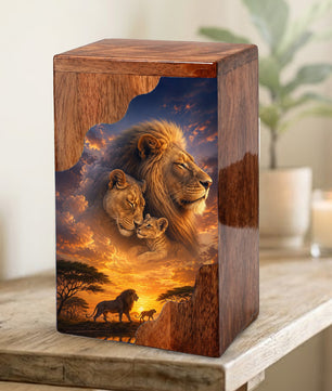 Lion Family Wooden Cremation Urn – Legacy & Eternal Love Memorial Urn for Human Ashes