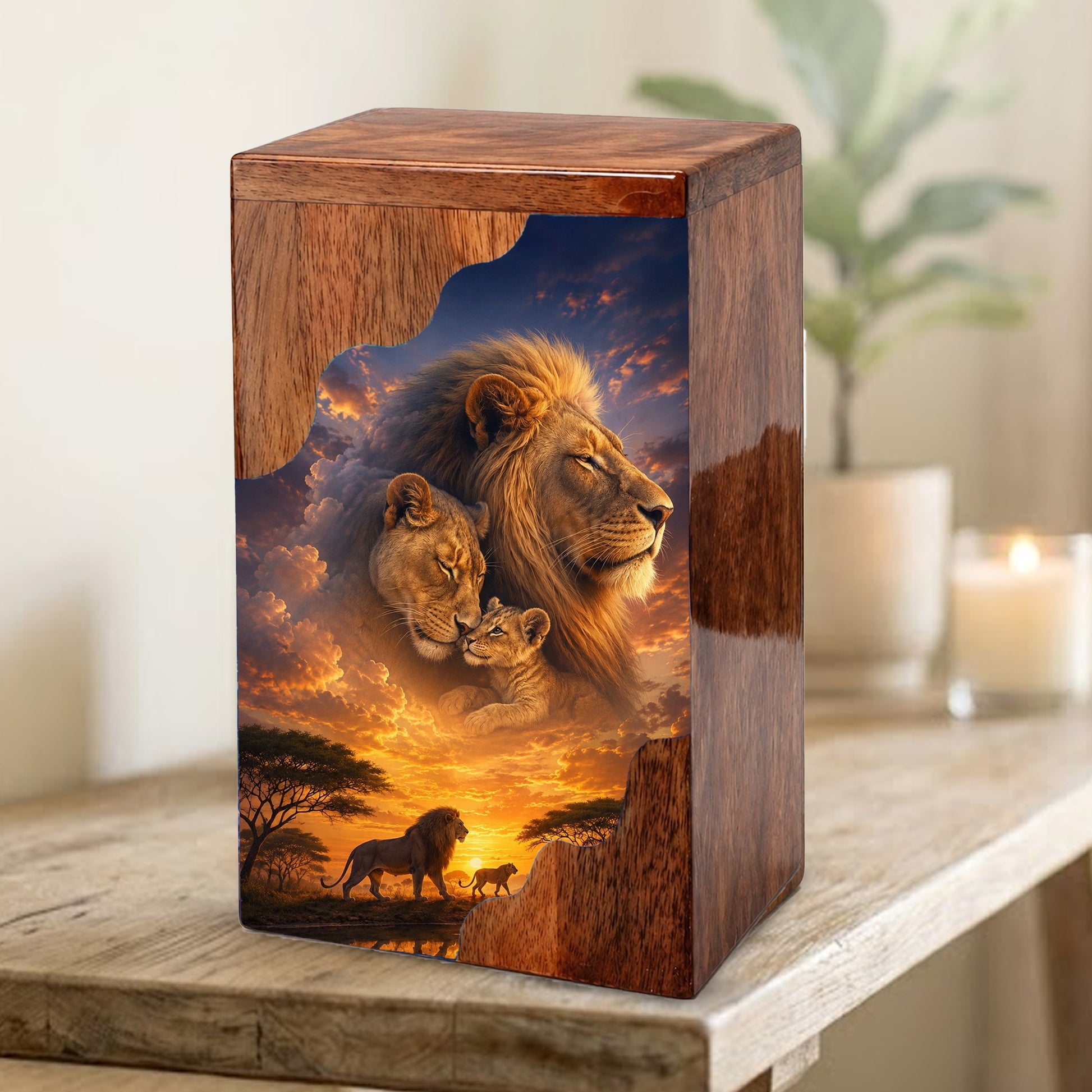 Lion Family Wooden Cremation Urn – Legacy & Eternal Love Memorial Urn for Human Ashes