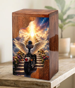Motorcycle Heaven Wooden Cremation Urn – Ride Into Heaven Memorial Urn for Human Ashes