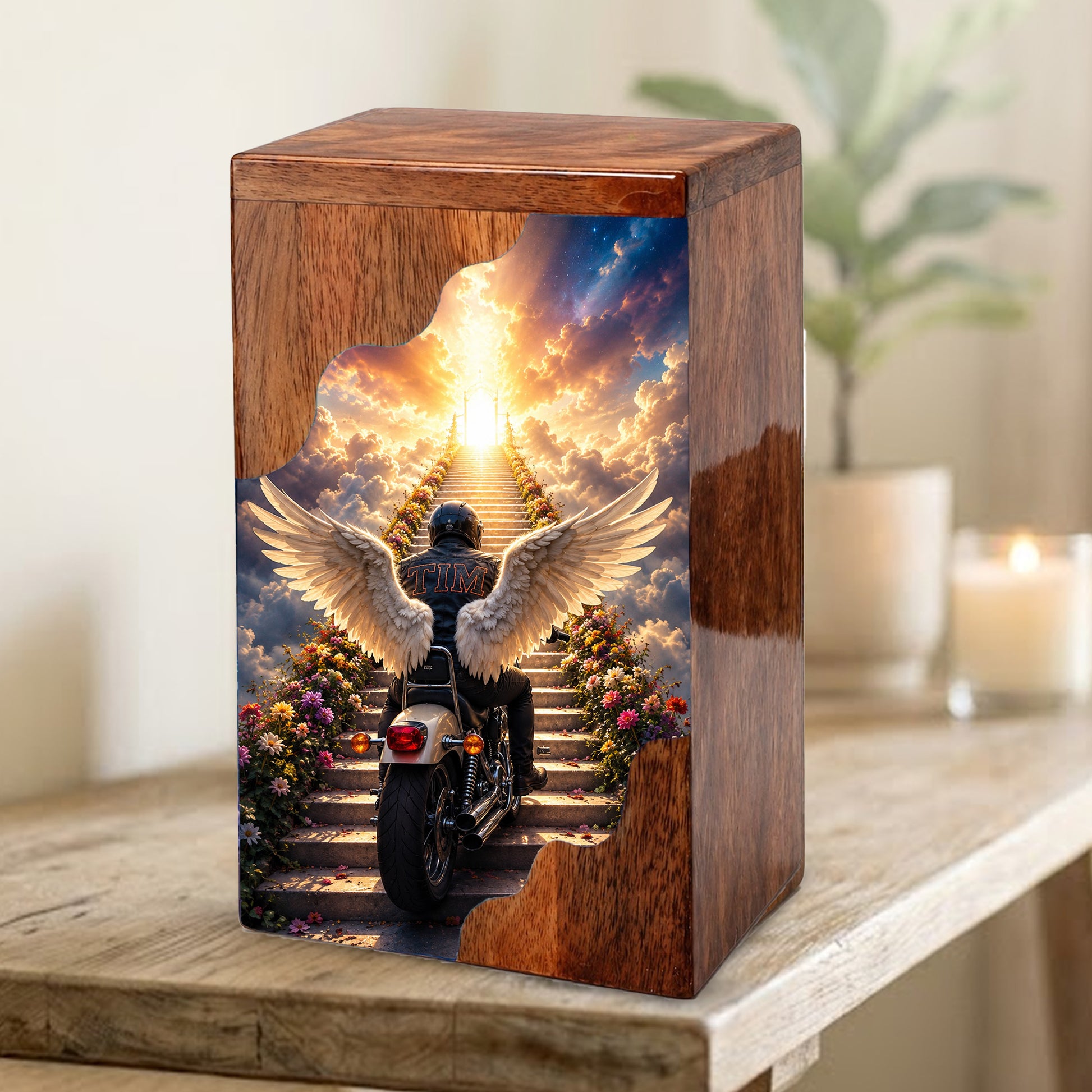 Motorcycle Heaven Wooden Cremation Urn – Ride Into Heaven Memorial Urn for Human Ashes