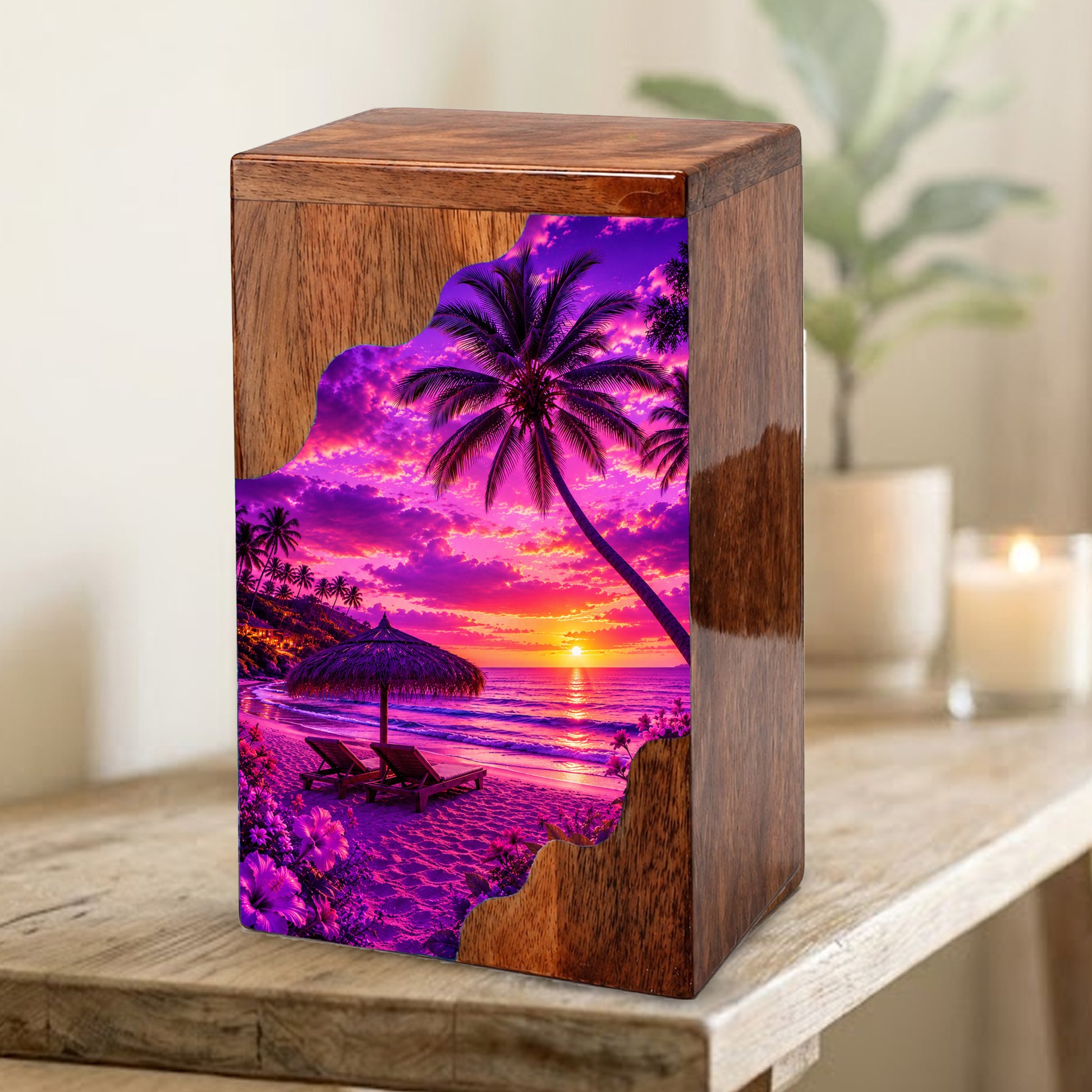 Tropical Sunset Wooden Cremation Urn – Beach Memorial Urn for Human Ashes