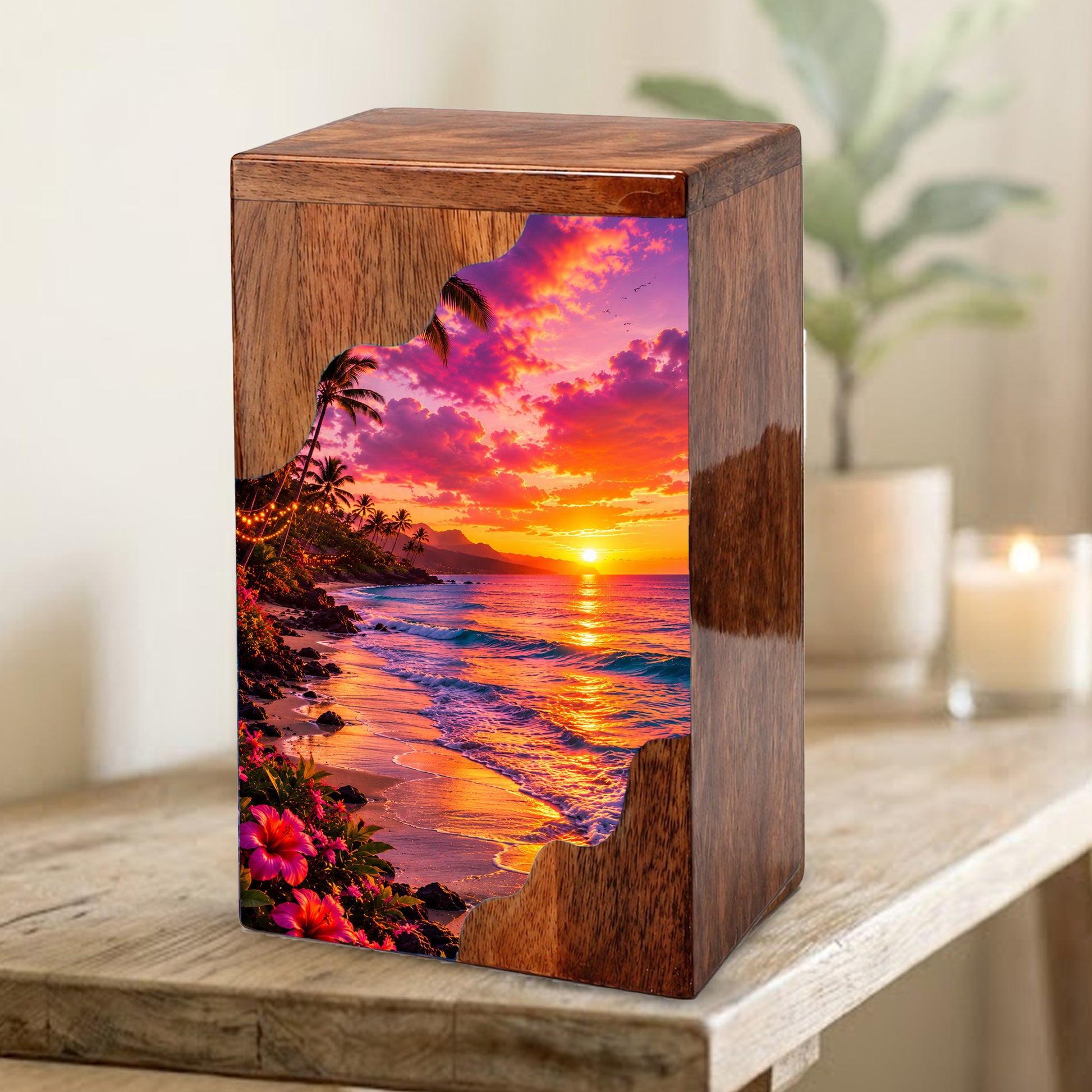 Sunset Beach Wooden Cremation Urn – Coastal Memorial Urn for Human Ashes