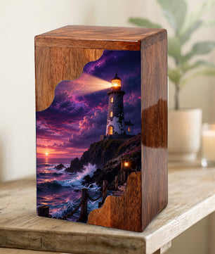 Lighthouse Wooden Cremation Urn for Human Ashes | Personalized Coastal Memorial Urn