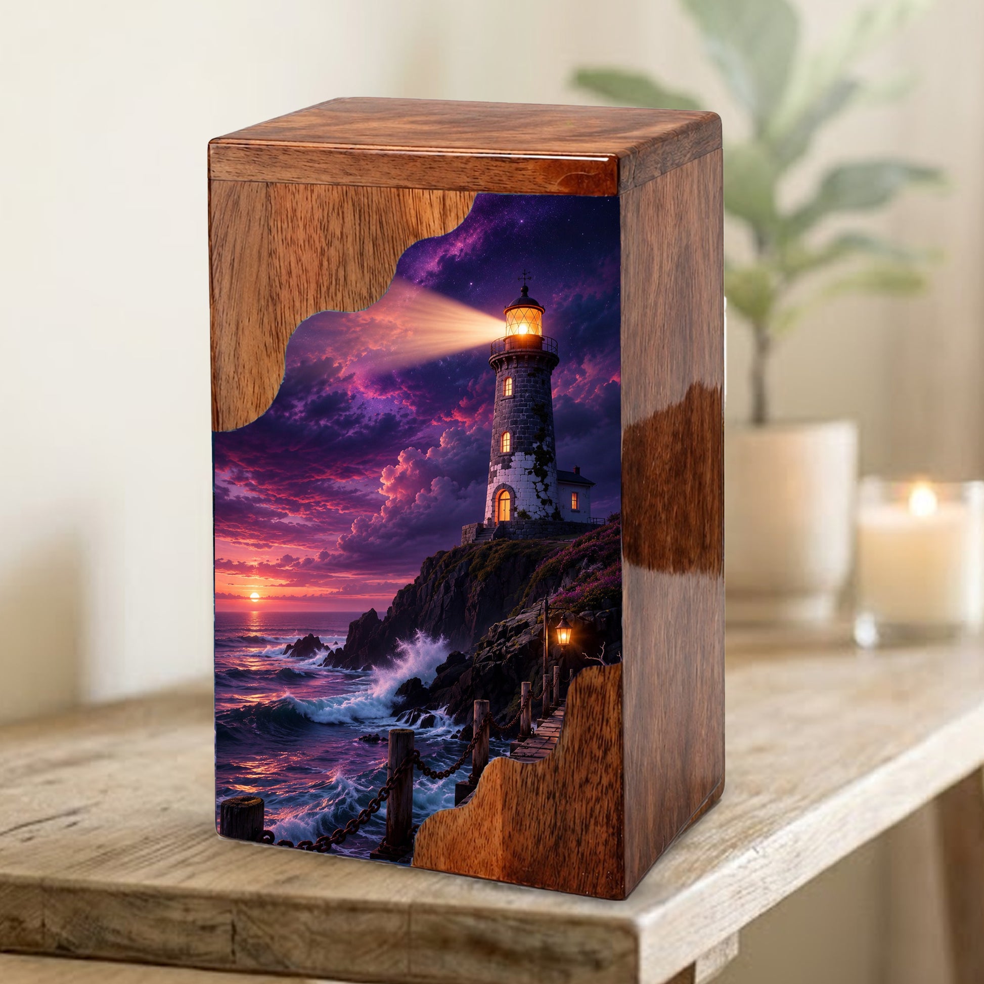 Lighthouse Wooden Cremation Urn for Human Ashes | Personalized Coastal Memorial Urn
