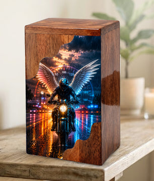 Motorcycle Wooden Cremation Urn – Memorial Urn for Dad Ashes | Biker Angel Wings Wooden Urn