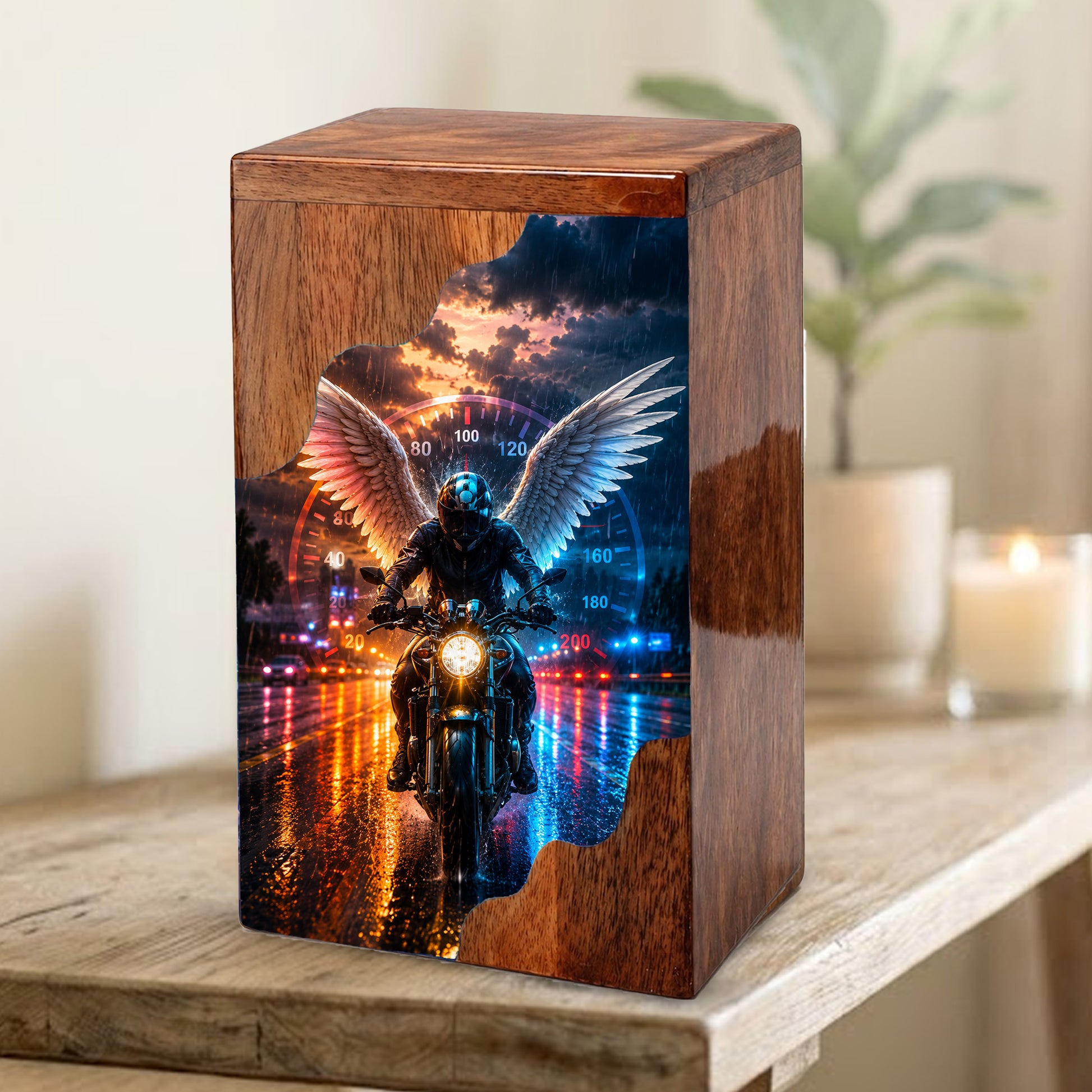 Motorcycle Wooden Cremation Urn – Memorial Urn for Dad Ashes | Biker Angel Wings Wooden Urn