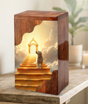 Dog Wooden Cremation Urn – Custom Pet Memorial Urn with Heavenly Dog