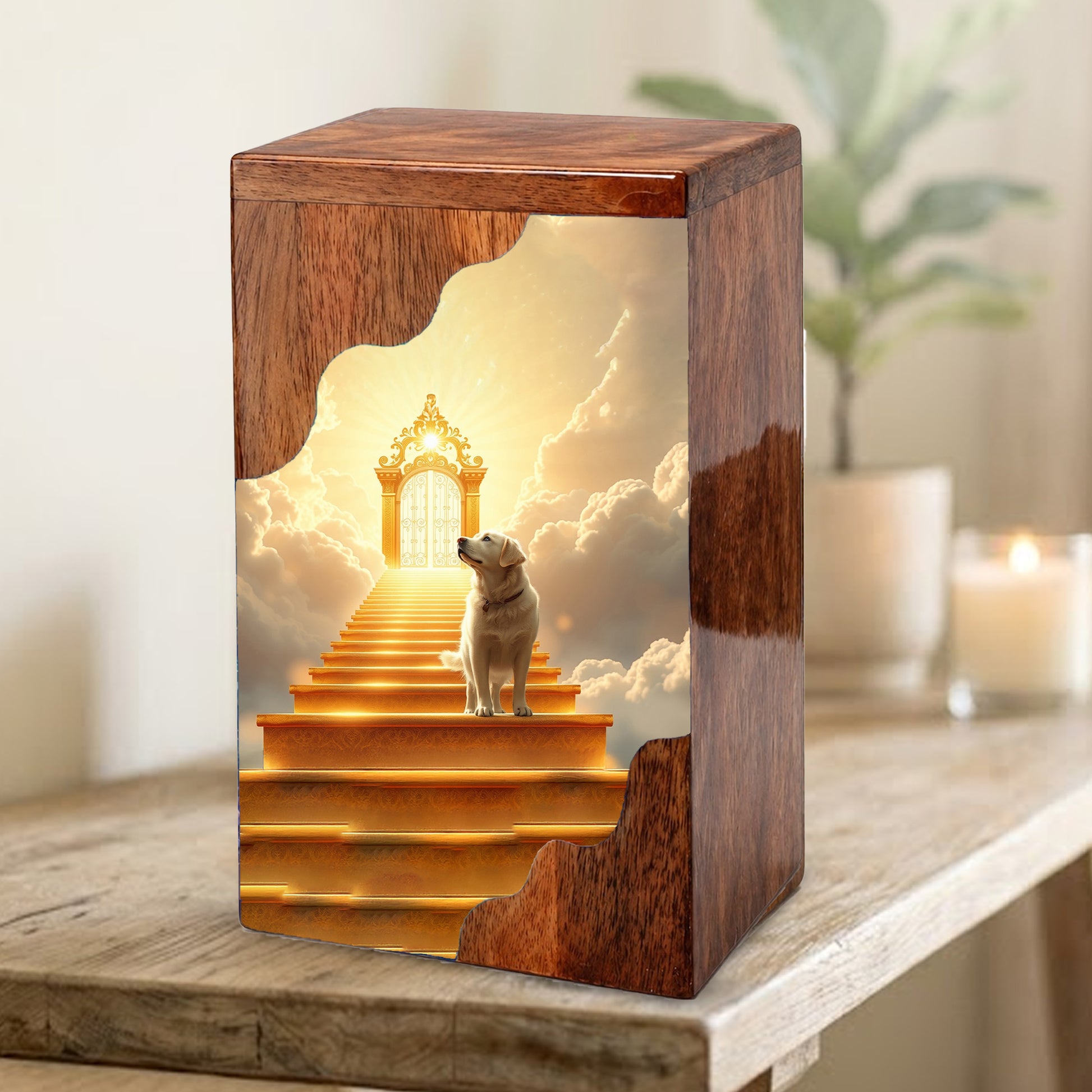 Dog Wooden Cremation Urn – Custom Pet Memorial Urn with Heavenly Dog