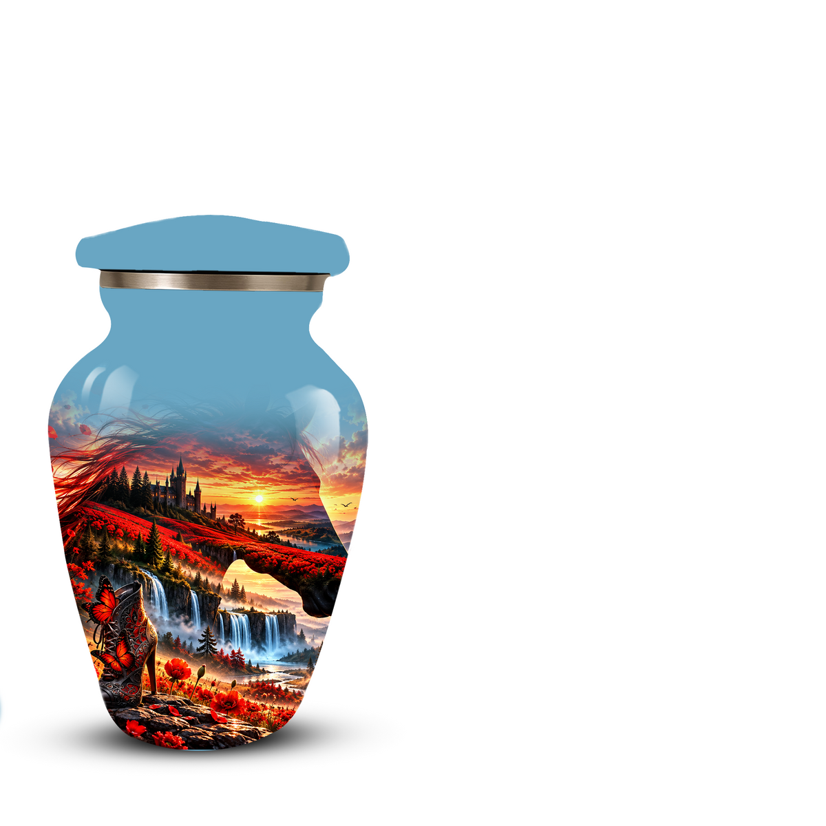 Personalized Fantasy Cremation Urn for Ashes, Red Butterfly Castle Memorial Urn, Custom Adult Urn