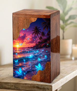 Butterfly Beach Wooden Cremation Urn – Sunset Ocean Memorial Urn for Mom