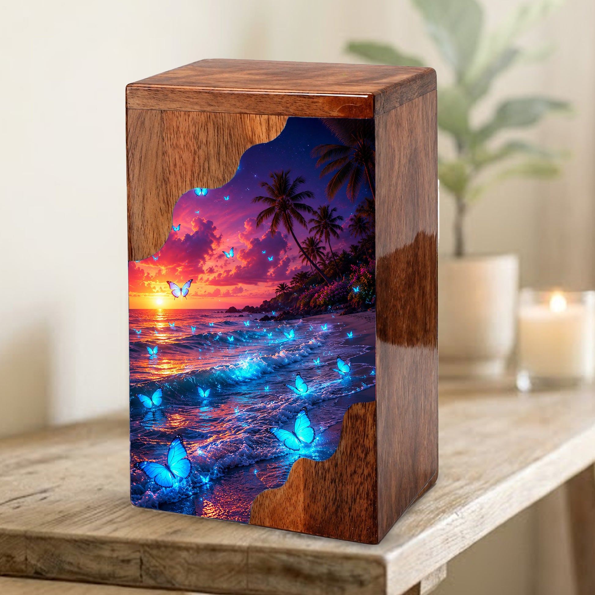 Butterfly Beach Wooden Cremation Urn – Sunset Ocean Memorial Urn for Mom