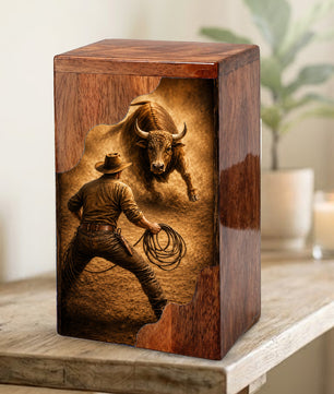 Western Cowboy Cremation Urn – Wooden Urn for Human Ashes