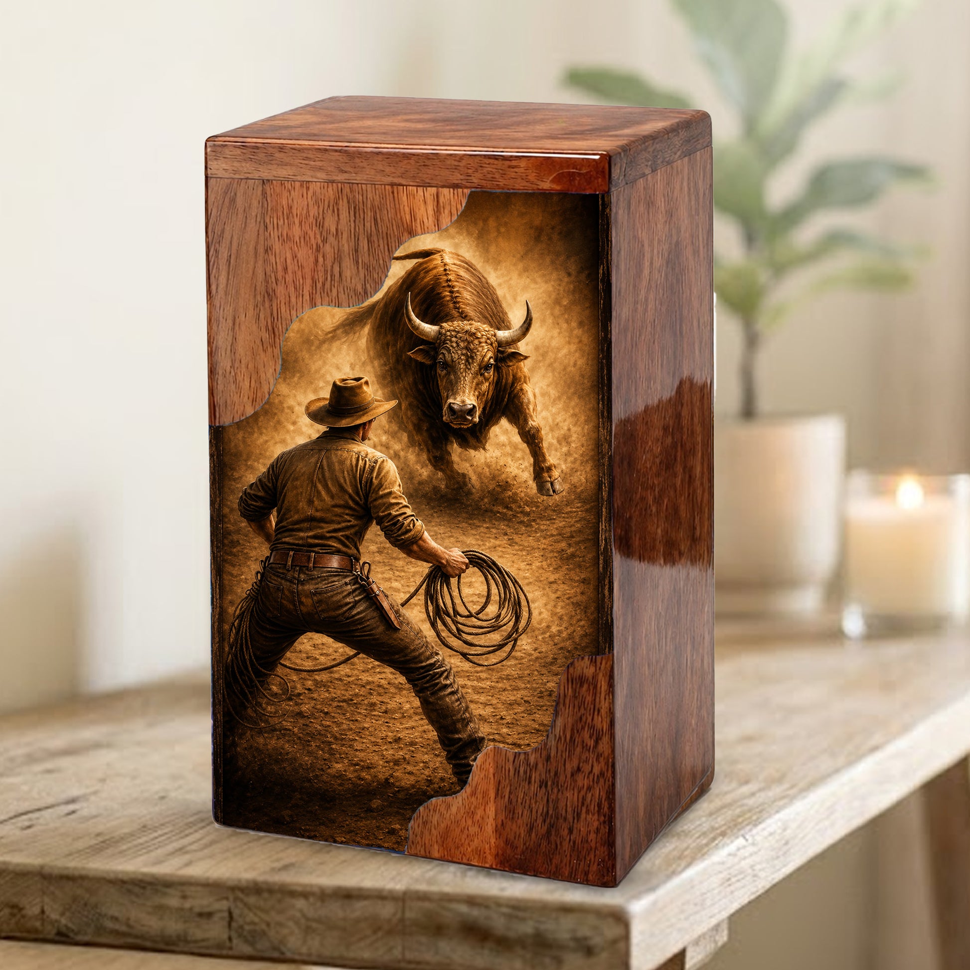 Western Cowboy Cremation Urn – Wooden Urn for Human Ashes
