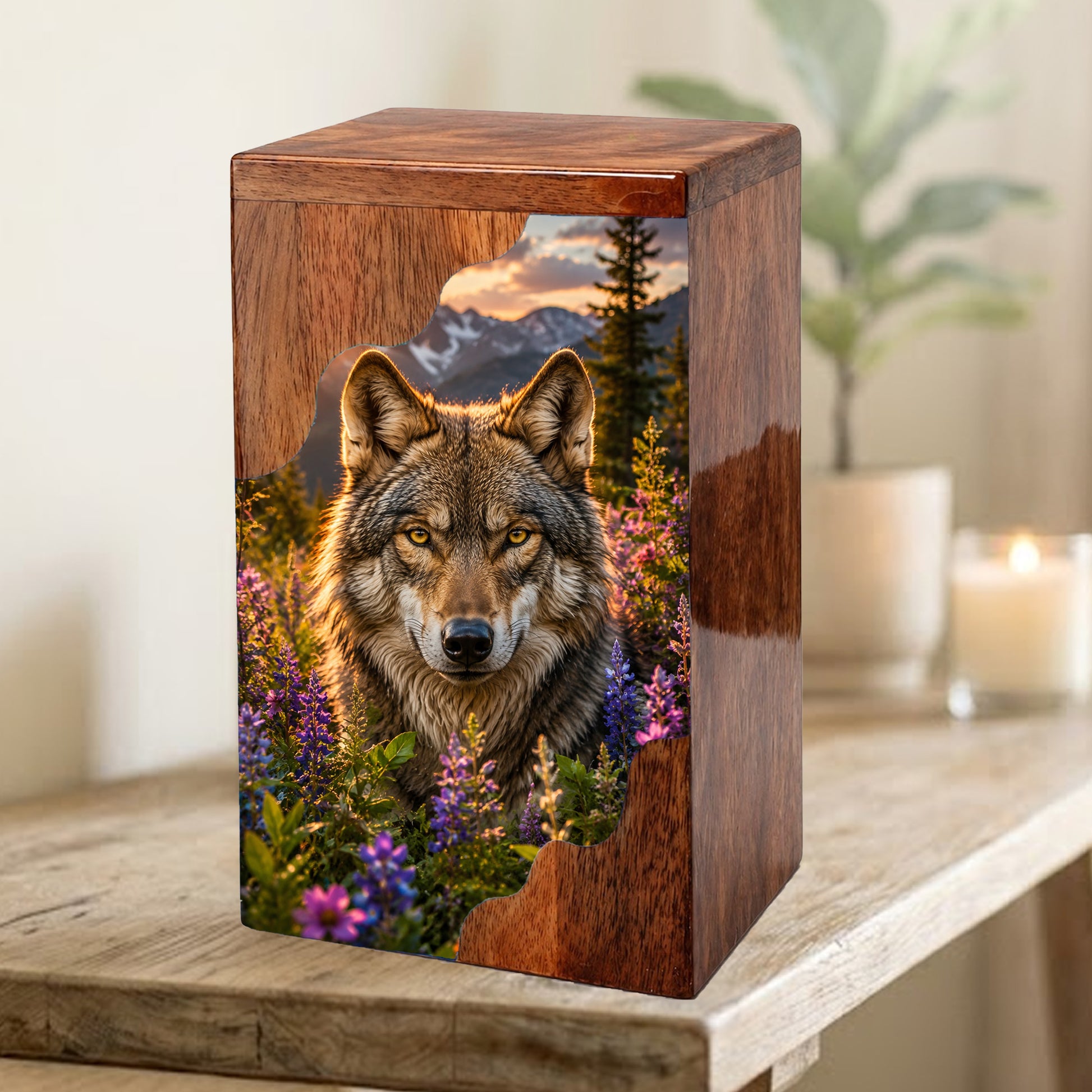 Wolf Wooden Cremation Urn – Wooden Urn for Human Ashes