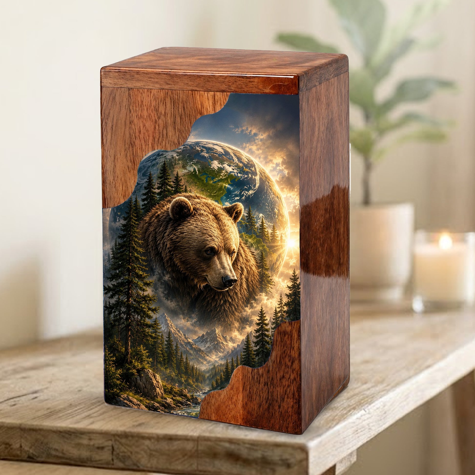 Bear Wooden Cremation Urn – Mountain Memorial Urn for Human Ashes