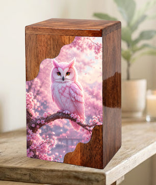 Pink Owl Wooden Cremation Urn – Cherry Blossom Memorial Urn
