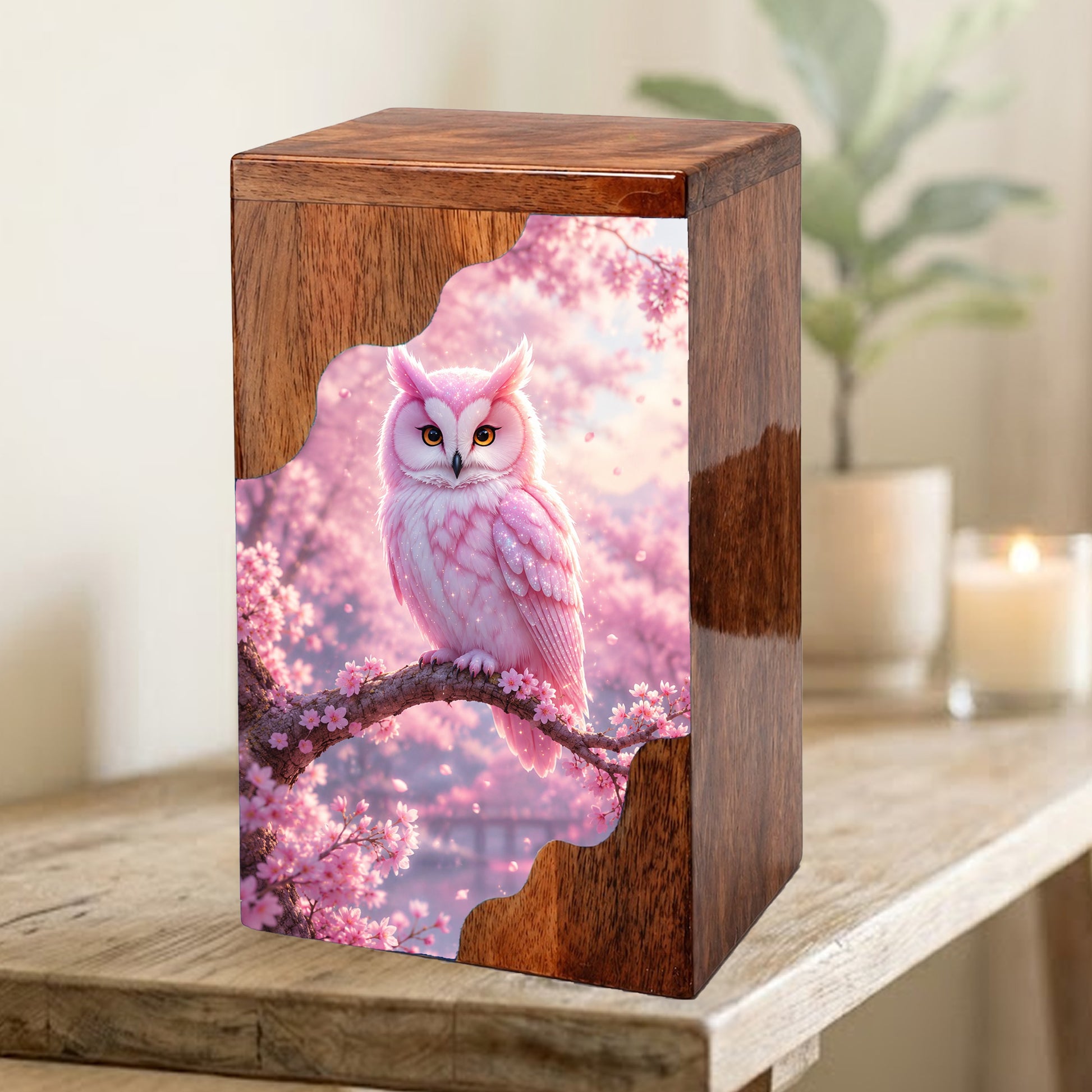 Pink Owl Wooden Cremation Urn – Cherry Blossom Memorial Urn