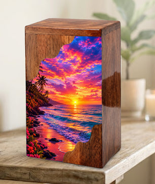 Sunset Beach Wooden Cremation Urn – Ocean Sunset Memorial Urn for Human Ashes
