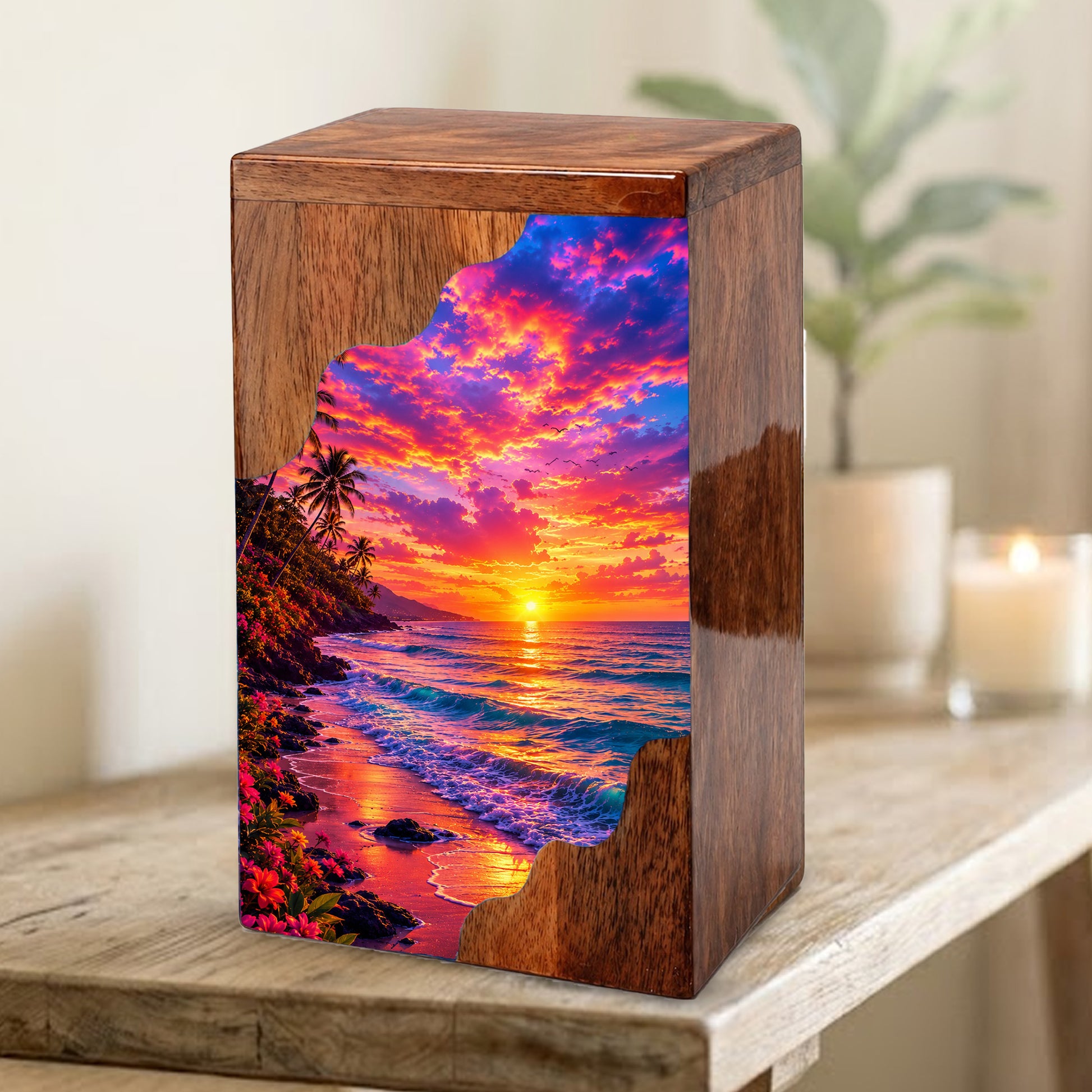Sunset Beach Wooden Cremation Urn – Ocean Sunset Memorial Urn for Human Ashes