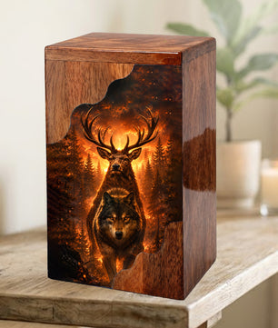 Wolf & Stag Wooden Cremation Urn – Woodland Memorial Urn