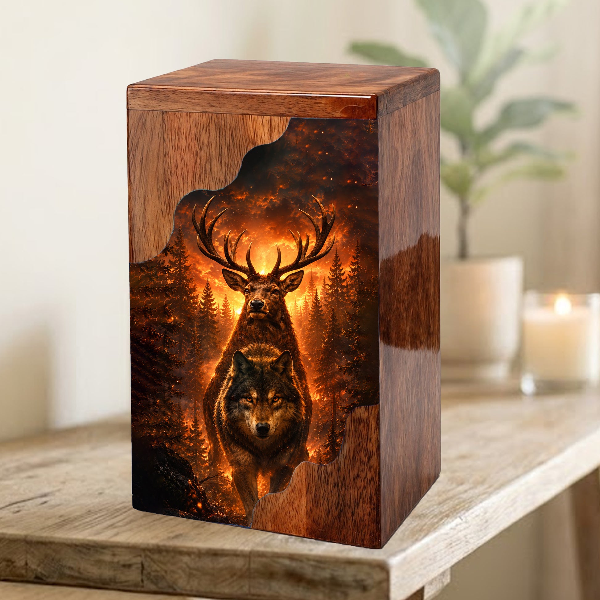 Wolf & Stag Wooden Cremation Urn – Woodland Memorial Urn