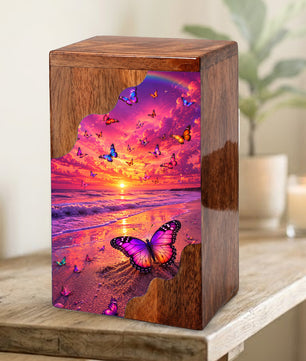 Butterfly Sunset Wooden Cremation Urn – Butterfly Memorial Urn for Human Ashes
