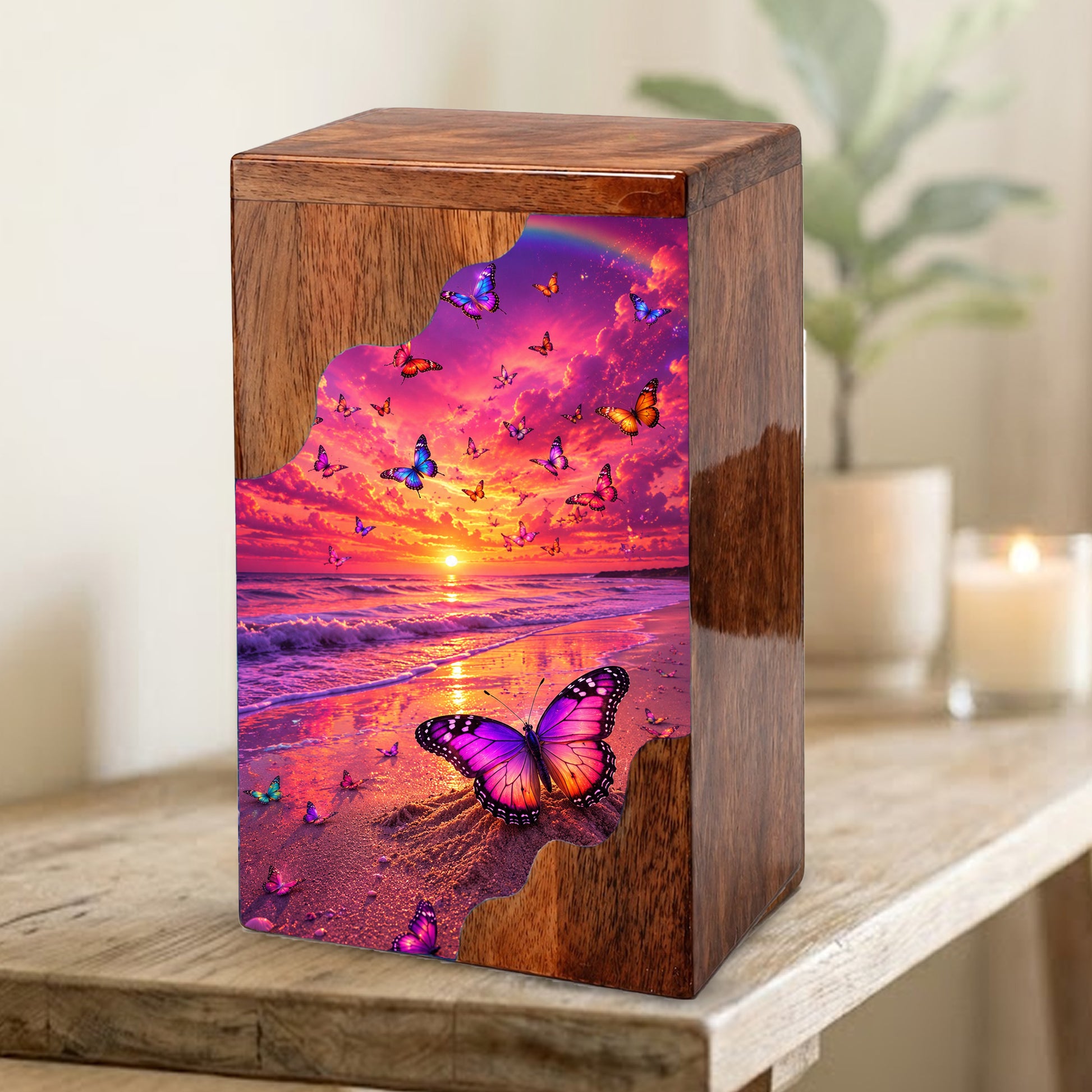 Butterfly Sunset Wooden Cremation Urn – Butterfly Memorial Urn for Human Ashes