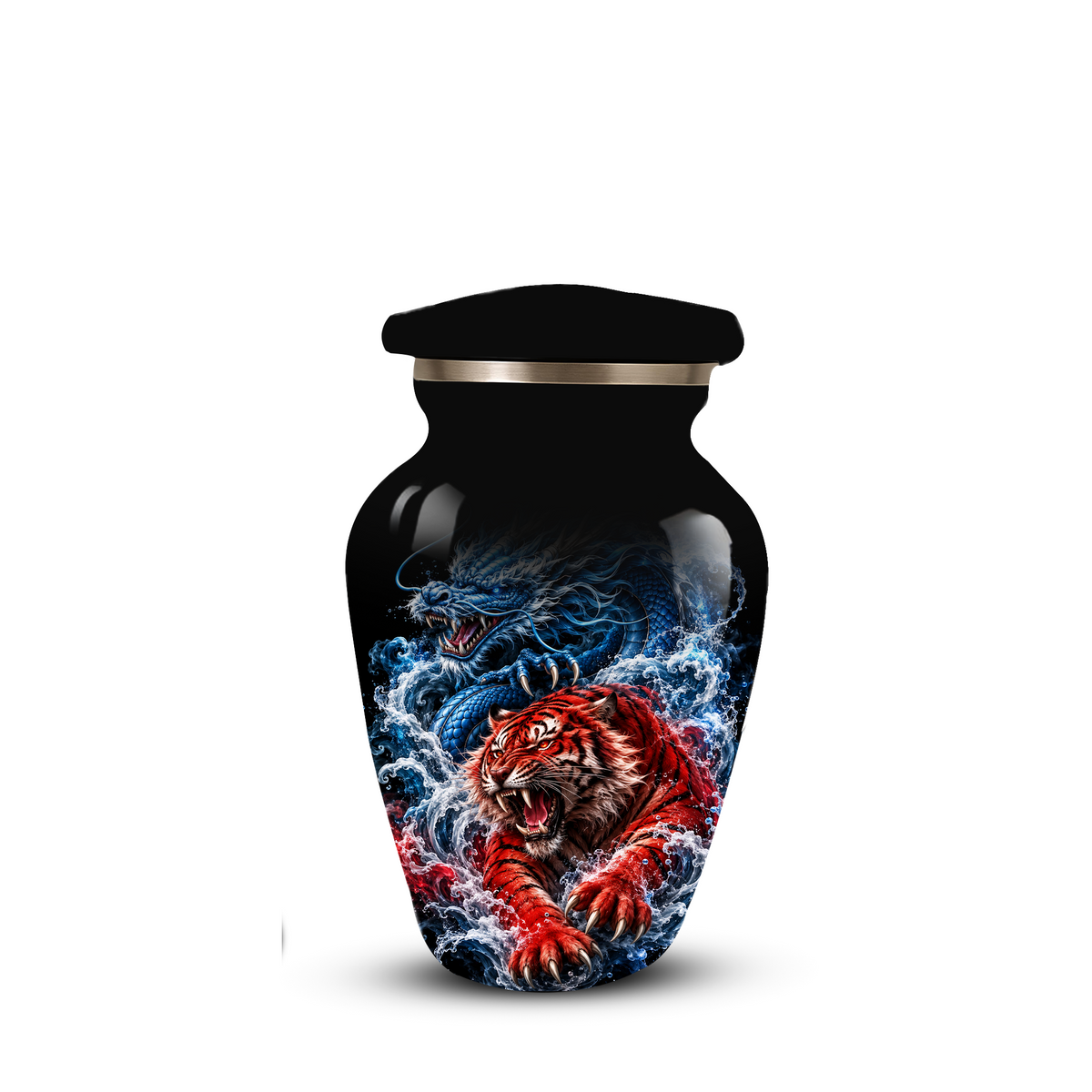 Personalized Adult Cremation Urn for Ashes, Custom Dragon and Tiger Memorial Urn, Blue Dragon Red Tiger Artwork