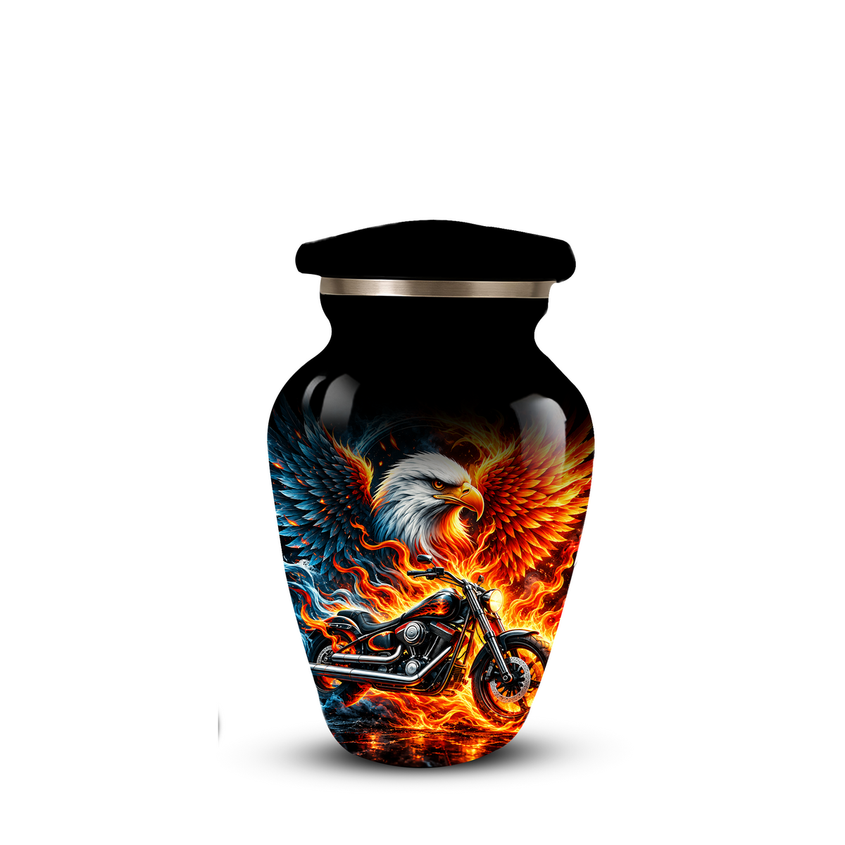Eagle and Motorcycle Cremation Urn for Adult Ashes, Fiery Phoenix Eagle Biker Urn for Human Ashes