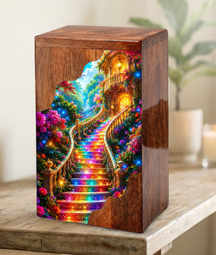 Enchanted Garden Stairway Wooden Cremation Urn – Personalized Memorial Urn for Human Ashes