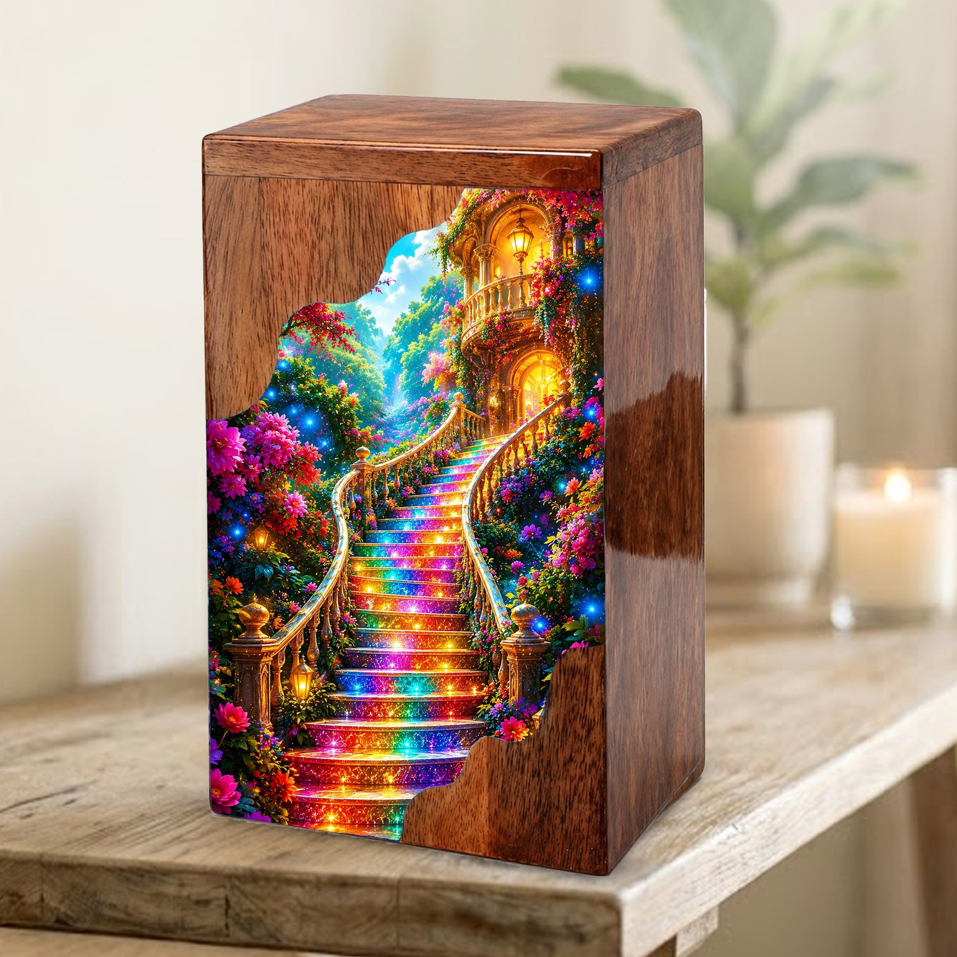 Enchanted Garden Stairway Wooden Cremation Urn – Personalized Memorial Urn for Human Ashes