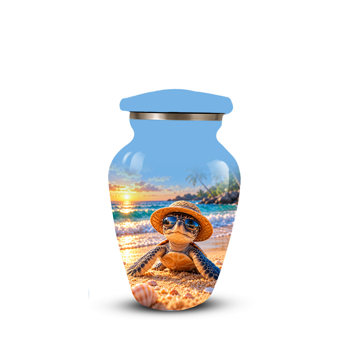 Personalized Sea Turtle Beach Aluminum Urn, Tropical Sunset Memorial Urn for Human Ashes