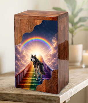 Personalized Husky Dog Urn for Ashes, Rainbow Bridge Wooden Cremation Urn