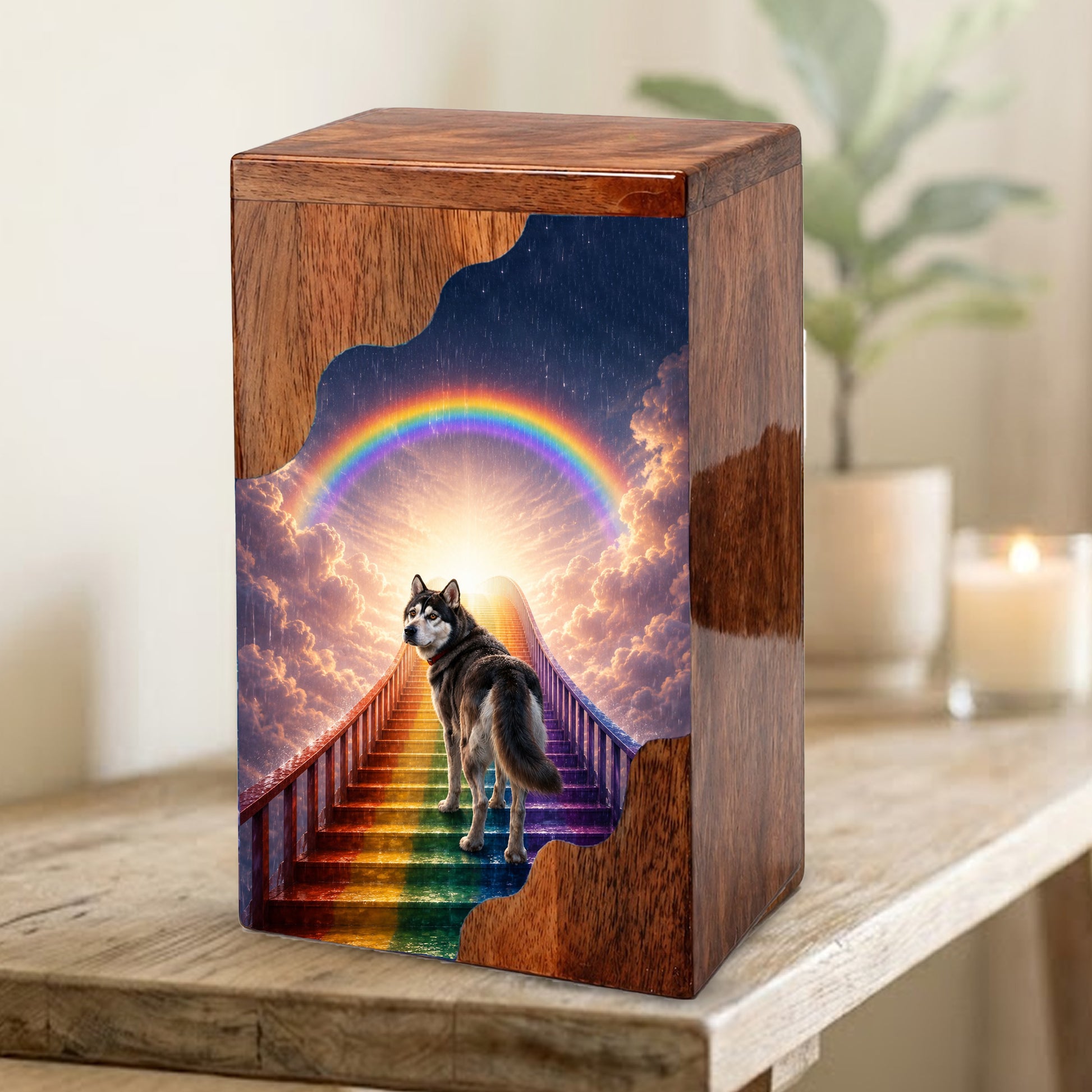 Personalized Husky Dog Urn for Ashes, Rainbow Bridge Wooden Cremation Urn
