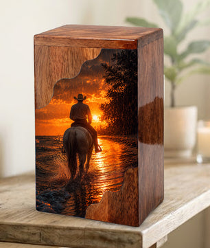 Western Cowboy Wooden Cremation Urn for Human Ashes