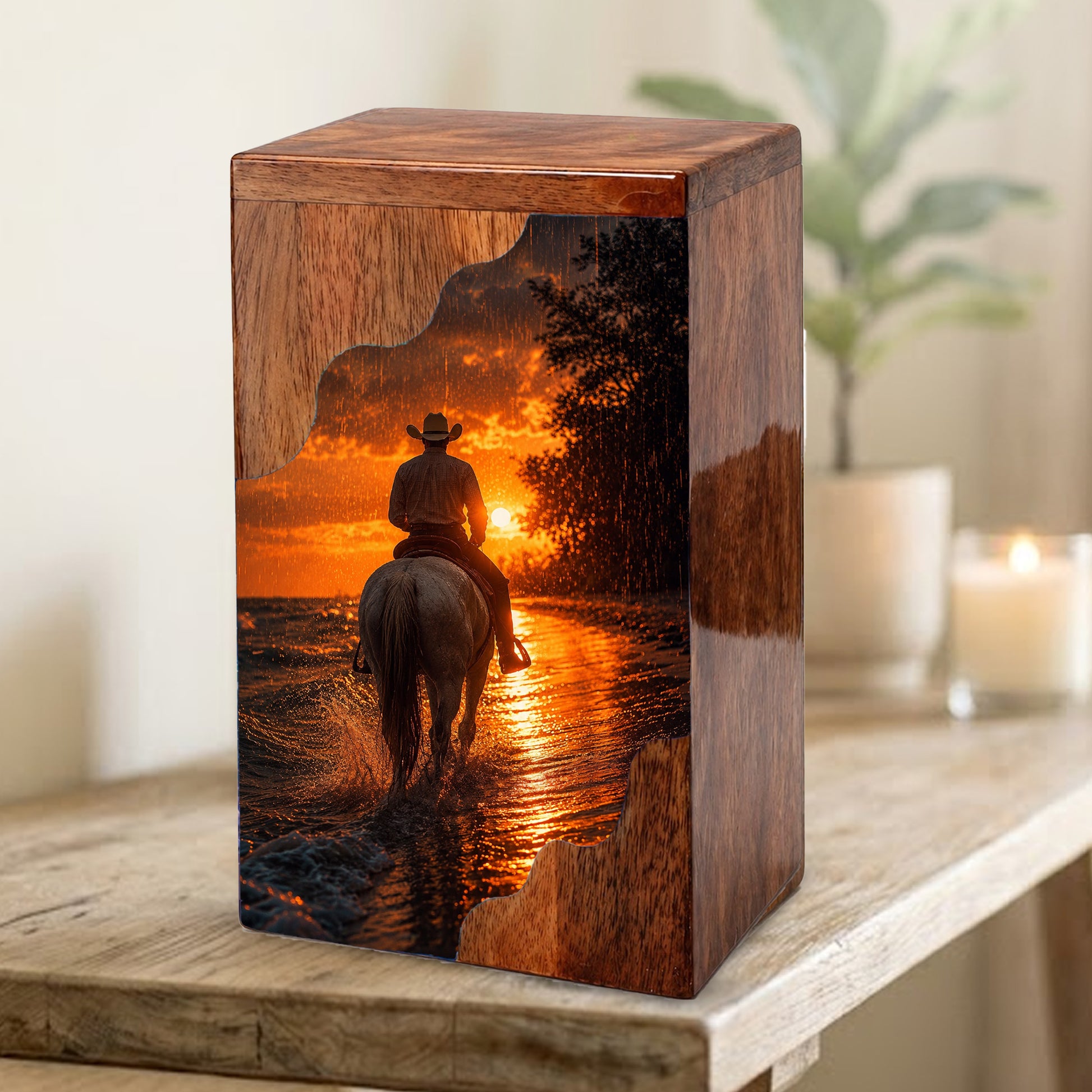 Western Cowboy Wooden Cremation Urn for Human Ashes