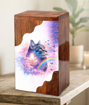 Wooden Cat Cremation Urn – Custom Cat Memorial Urn with Rainbow Bridge Design