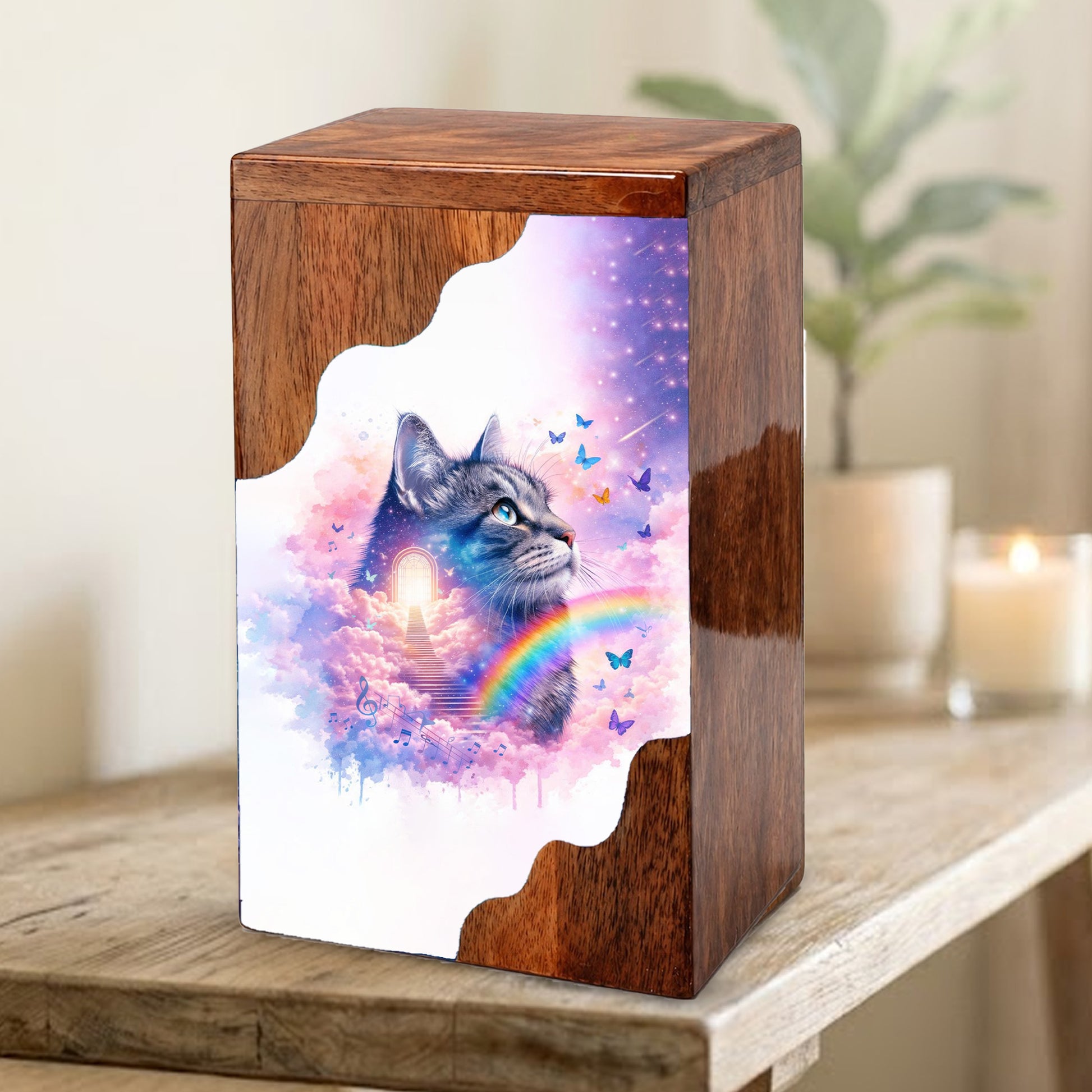 Wooden Cat Cremation Urn – Custom Cat Memorial Urn with Rainbow Bridge Design